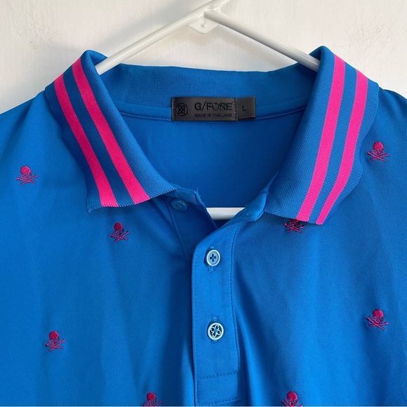 G/FORE Embroidered Piqué Golf Polo Shirt Blue Neon Pink Skull Striped Collar L - Picture 7 of 14